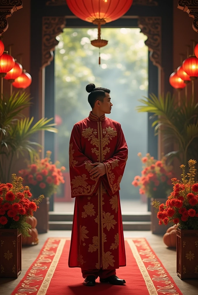 Oriental man dressed as groom waiting for bride at altar