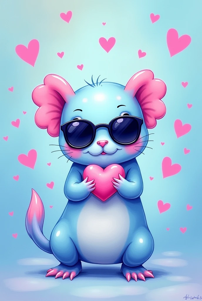 Light blue axolotl with dark glasses holding a heart, with blue background and hearts in the background, all in the range of blues, pink and purple in drawing style