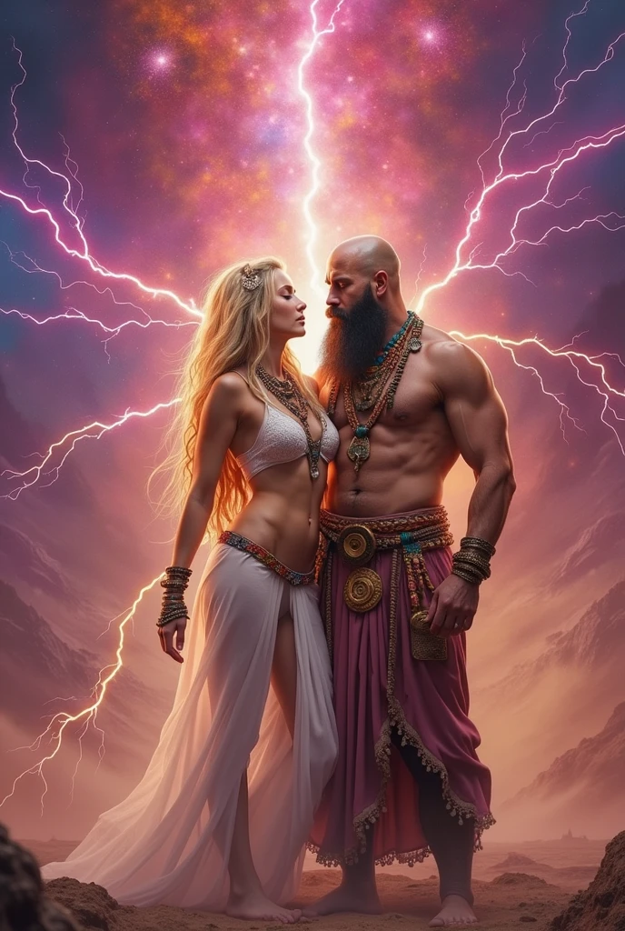 Male shaman and a female yogini, sacred rebels. He is muscular, broad, bald, bearded. She is blond, long haired, voluptuous, hourglass body, toned with abs, a lot of hippie style ethnic jewelry, scantily clad in tones of pink and white. Psychedelic picture of a very attractive couple, sparks flying, polarity, spiritual.