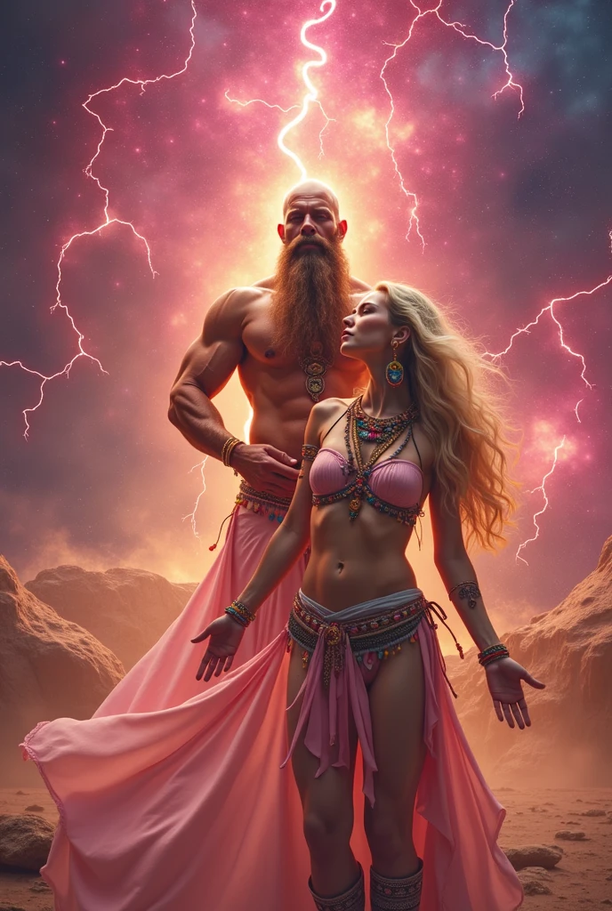 Male shaman and a female yogini, sacred rebels. He is muscular, broad, bald, bearded. She is blond, long haired, voluptuous, hourglass body, toned with abs, a lot of hippie style ethnic jewelry, scantily clad in tones of pink and white. Psychedelic picture of a very attractive couple, sparks flying, polarity, spiritual.