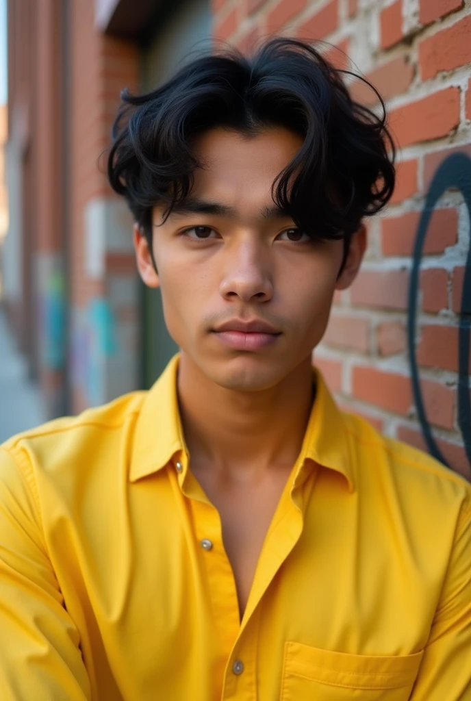 Make one of about 18 years old, Bblack hair, Brown eyes, pointy nose, he is wearing a yellow blouse, is staring into the camera lens