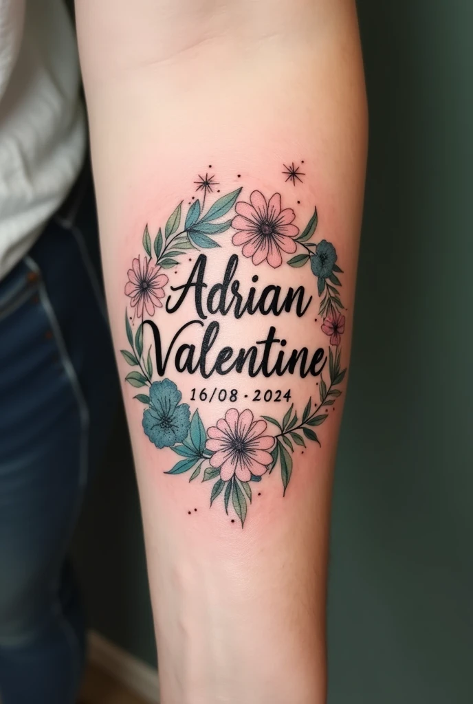 I want an idea for a tattoo on my forearm with my son's name "Adrian Valentine" and date of birth and time 16/08/2024 10:48 for the father