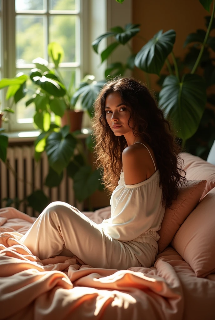 (photorealism:1.2), beautiful woman, sitting on bed, wearing loose off-shoulder top, pajama pants, long curly hair, indoors, soft lighting, plants in background, window with sunlight, cozy room, relaxed pose, realistic, intricate details, warm colors, by Greg Rutkowski, by Alphonse Mucha