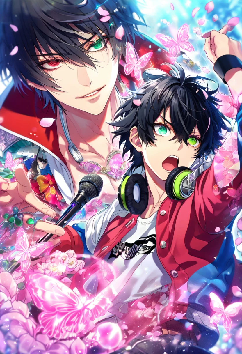 absurdres, highres, ultra detailed, HDR, master piece, Yamada Ichiro, black hair, heterochromia, expressive left red eye, right green eye, red varsity jacket, blue sleeves, white hoodie, a pair of headphones around his neck, Hypnosis mic, fantasy, glittering pink butterflies, petals, magical, handsome, sexy man holding a microphone, singing, solo, very detailed eyes and face, glittering, pink flowers, sensual, horny, crystal glass magic, pink shining fireflies, pink fire, idol stage