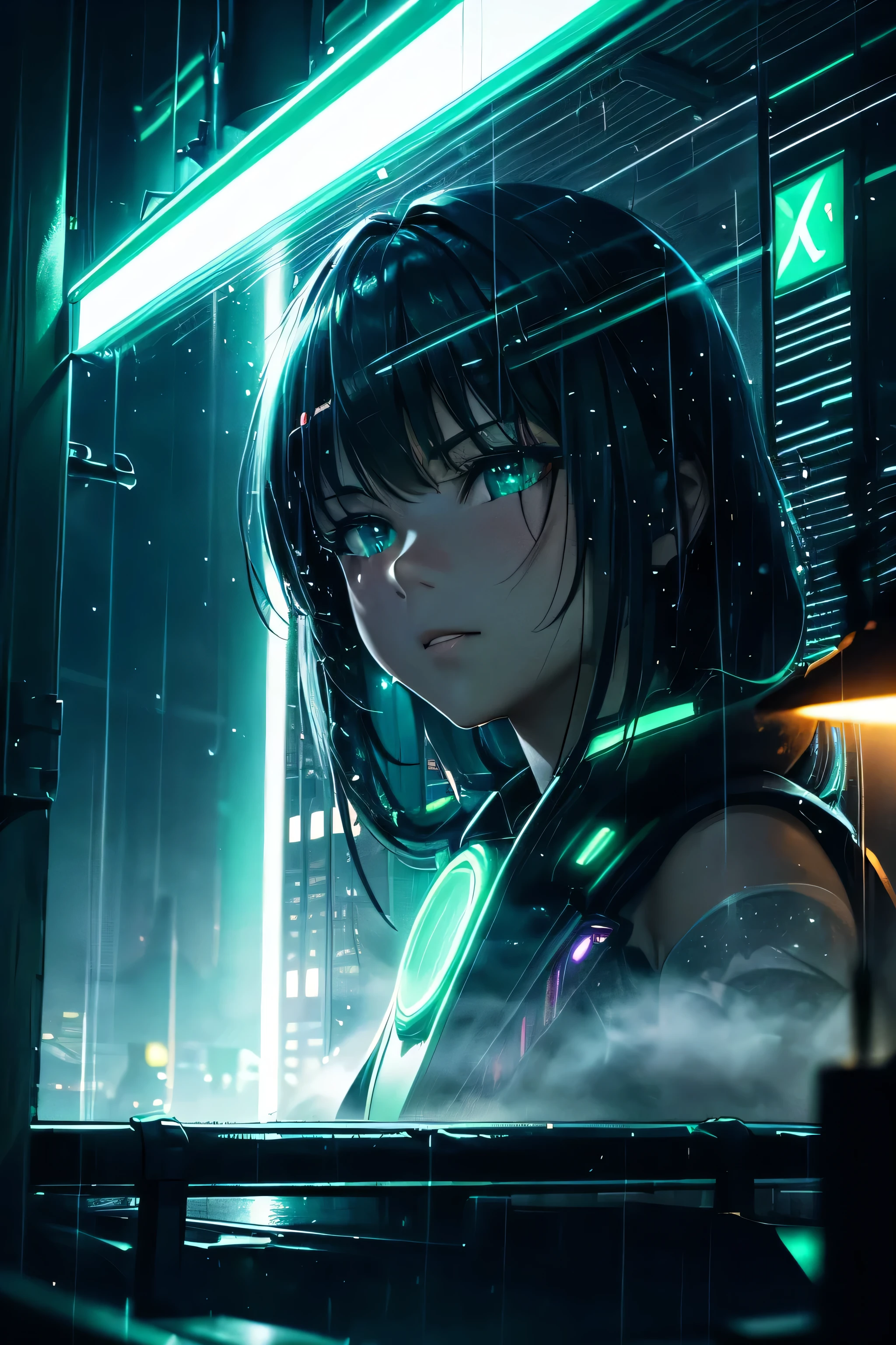 (ultra detailed:1.3),(grainy:0.8), natural green lighting, futuristic city, (Raining:1.3), (Dark:1.3), (fog:1.2), green lights, Neon lights AND japanese girl, Hooded coat, light logo, [cyberpunk clothing:torn screen:0.35], green lights, Neon lights, matrix style, threatening, sharp, (pointing the gun at the viewer:1.2),(cold colors:0.75), Very detailed, Vibrant appearance, creative behavior, extremely detailed, Imaginative, , spontaneous, of the highest quality, skin texture, intricate details, (cinematic lighting), raw photo, 8k, masterpiece,Best Quality,ultra detailed,Very detailed illustrations,extremely detailed,intricate details,High resolution,Super complex details,extremely detailed 8k cg wallpaper,