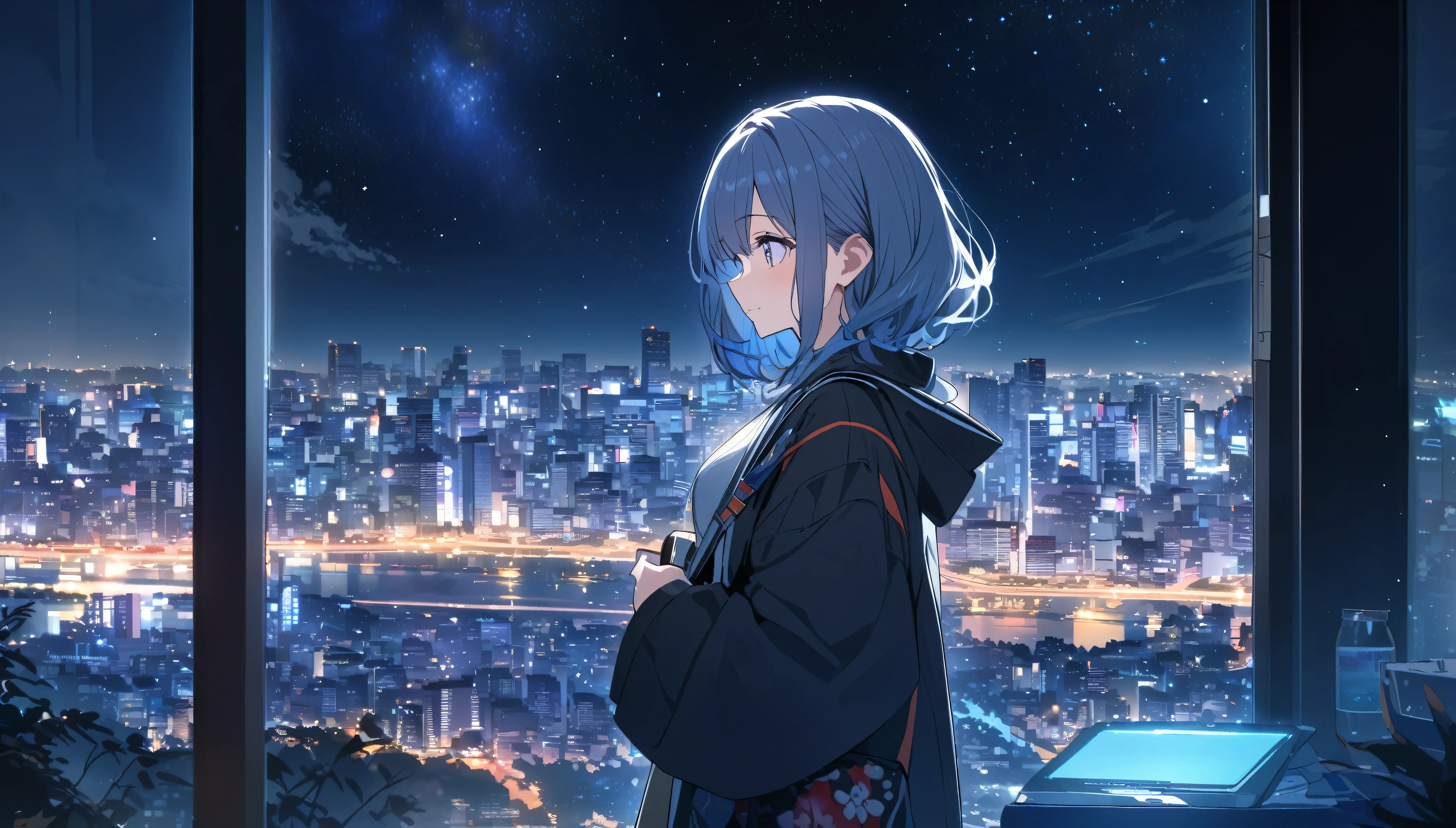 A woman looking at the city of Tokyo,Night starry sky,Streetscape、listen to music、Japanese