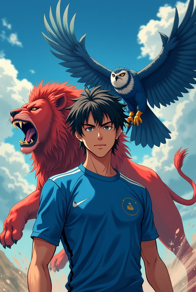 Create a 20 year old man head looking down, with a full blue football shirt. Accompanied by an angry blue owl flying and a red lion roaring. The man who is in the center.  All in anime format