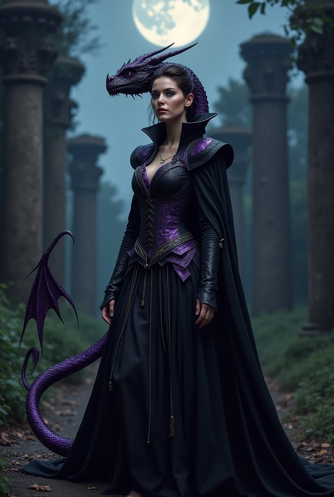 A woman with purple dragon scales on her face, a black medieval wizard outfit with a cape, with a tail that has a triangle-shaped tip, and a slightly forward-facing position