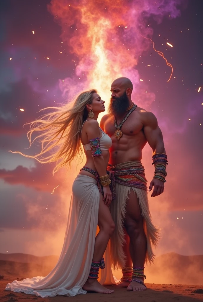 Male shaman and a female yogini, sacred rebels. He is muscular, broad, bald, bearded. She is blond, long haired, voluptuous, hourglass body, toned with abs, a lot of hippie style ethnic jewelry, scantily clad in tones of pink and white. Psychedelic picture of a very attractive couple, sparks flying, polarity, spiritual.