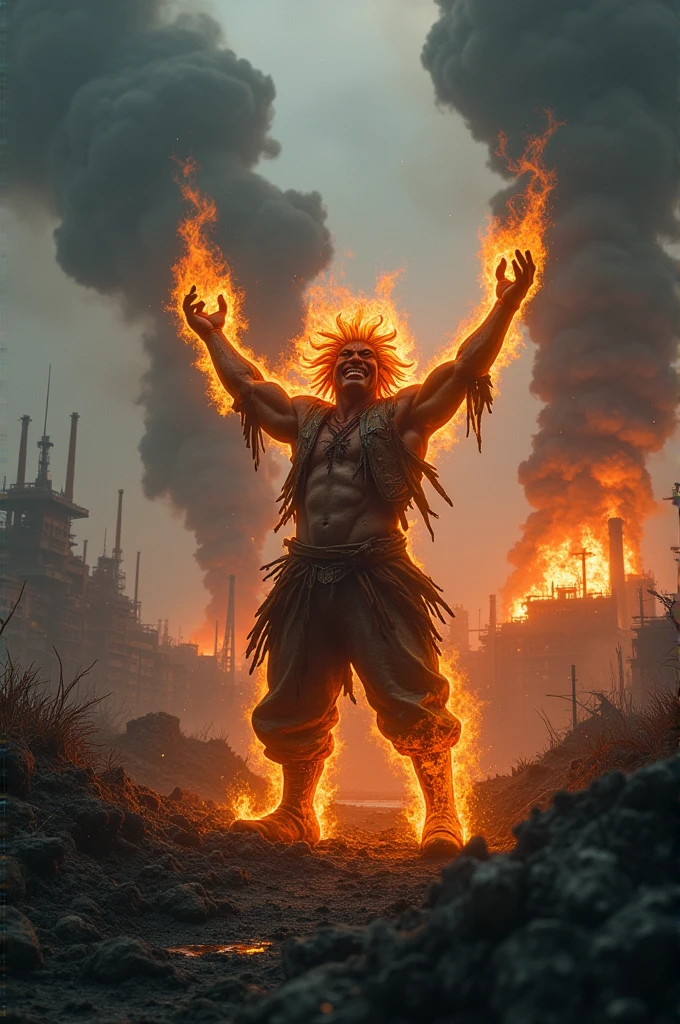 the world in chaos**
*Description*: A devastated landscape. Factories emitting black smoke into the sky, Workers cutting down trees and burning fuel. In the midst of chaos, POPS UP **Ignis**, with a mischievous smile, raising arms in triumph.
**Ignis:**
"LOOK WHAT THEY'VE DONE. More smoke, more heat! MORE POWER!"