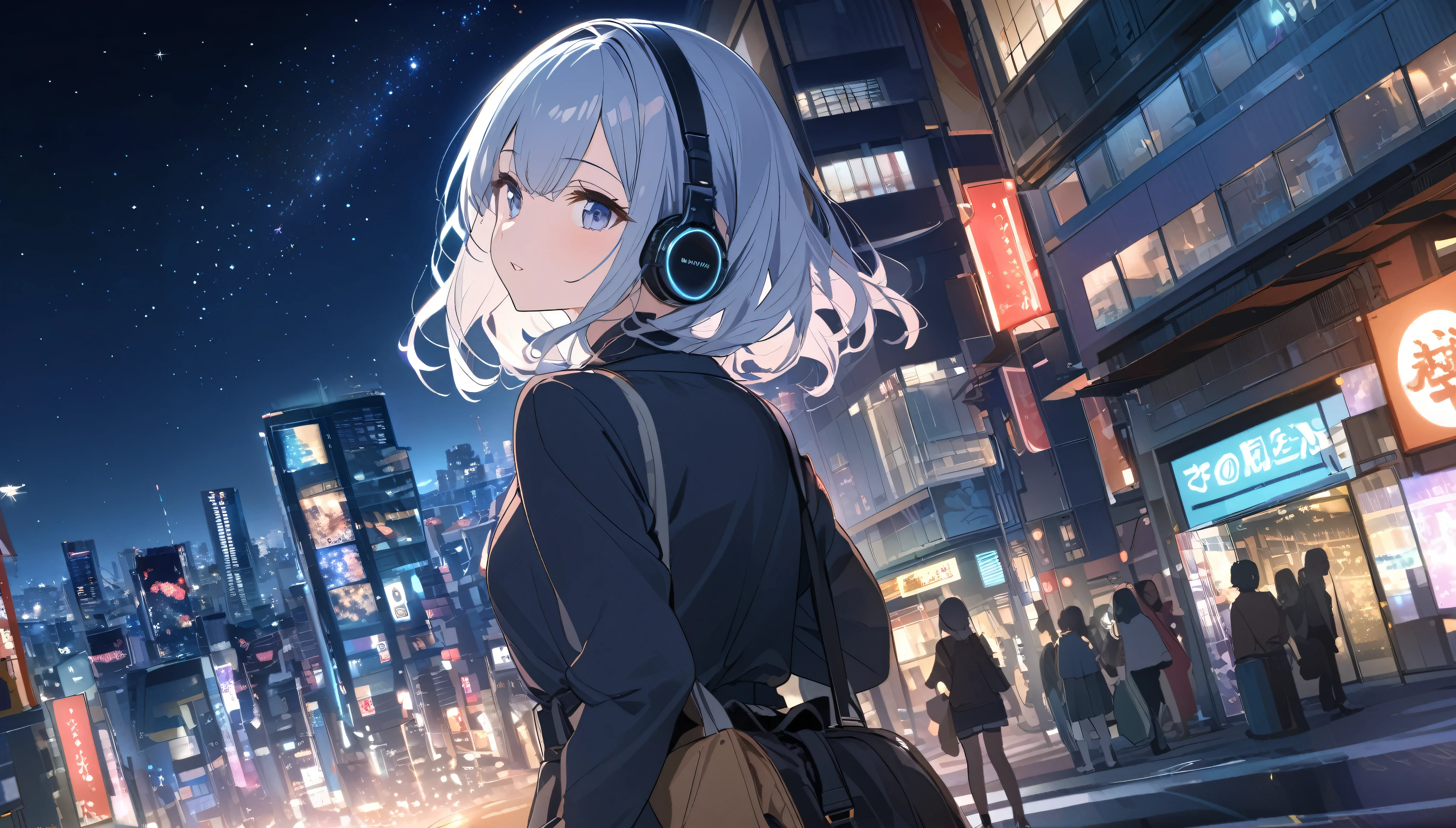 A woman looking at the city of Tokyo,Night starry sky,Streetscape、listen to music、Japanese