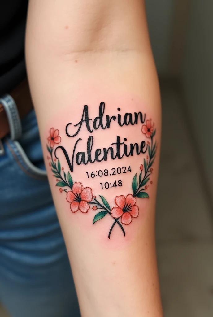 I want an idea for a tattoo on my forearm with my son&#39;s name "Adrian Valentine" and date of birth and time 16/08/2024 10:48 for the father 