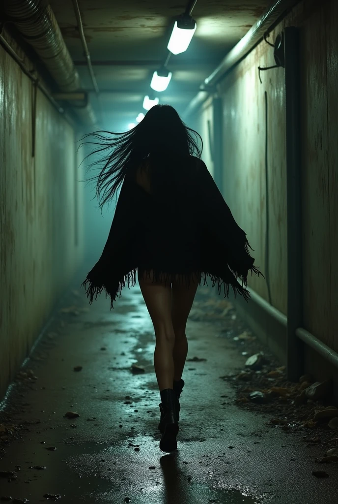 A beautiful girl, long black hair, dressed in a black poncho on a naked body, in black boots, bare legs, bare shoulders, runs away through a tunnel, they are chasing her, against the background of a dirty dark sewer tunnel, a post-apocalyptic plot