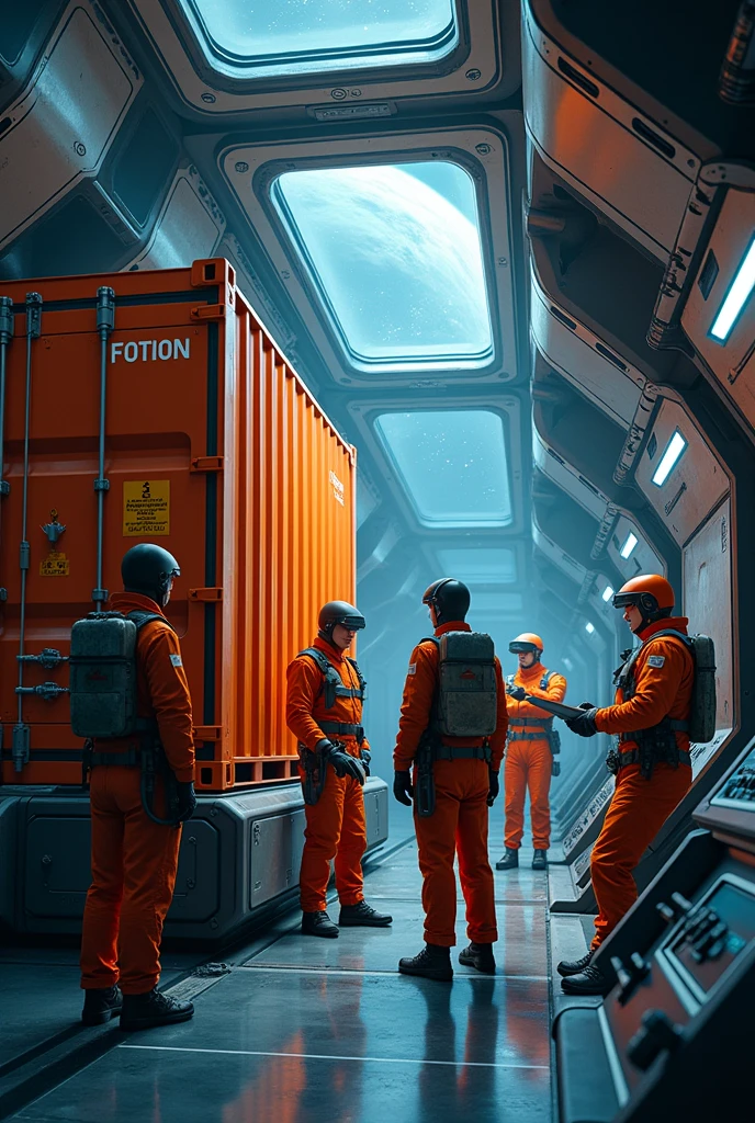 Imagine the crew of a cargo spaceship, that specializes in transporting loads of approximately 20 tons into outer space, This ship has an attachable orange container where it transports the merchandise..
The crew is 5 members, the captain and 4 people in the team