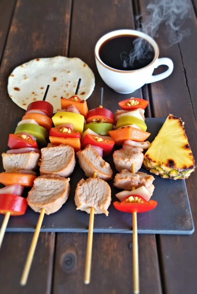 A cup of black coffee with a well-cooked skewer with 4 pieces of pork and between each piece of meat there must be a carrot, sweet chili and onion , with a small 10-centimeter tortilla and a small 5-centimeter triangle of grilled pineapple
