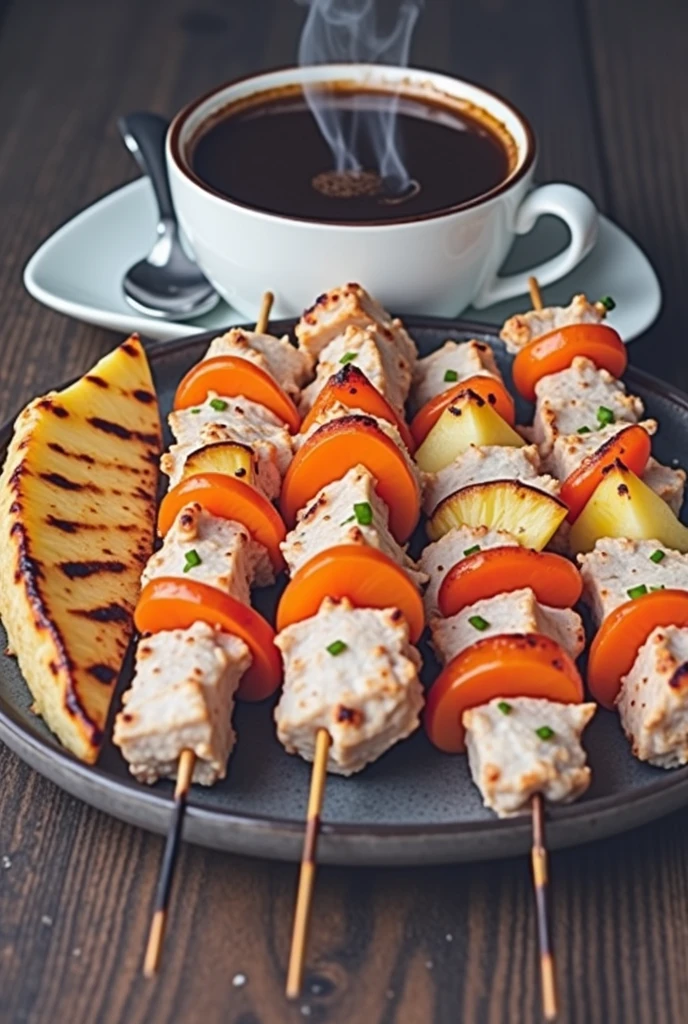 A cup of black coffee with a well-cooked skewer with 4 pieces of pork and between each piece of meat there must be a carrot, sweet chili and onion , with a small 10-centimeter tortilla and a small 5-centimeter triangle of grilled pineapple
