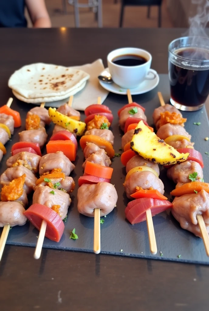 A cup of black coffee with a well-cooked skewer with 4 pieces of pork and between each piece of meat there must be a carrot, sweet chili and onion , with a small 10-centimeter tortilla and a small 5-centimeter triangle of grilled pineapple