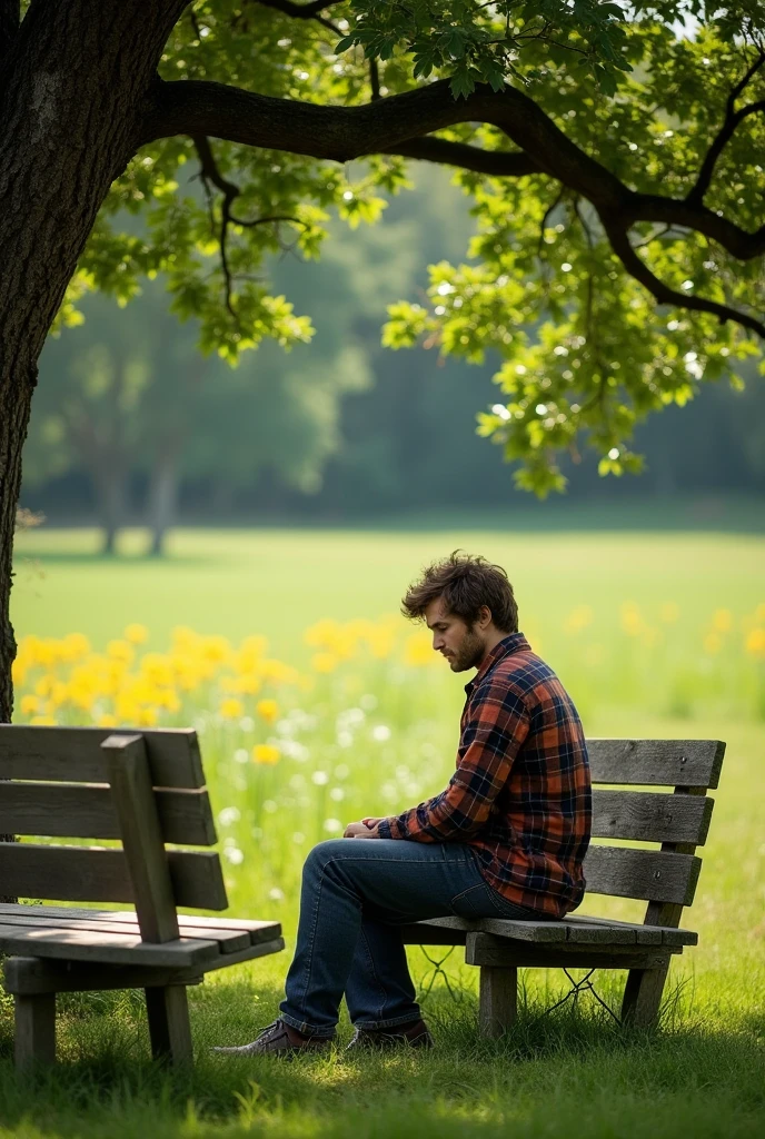 Image of two rustic wooden benches and a man sitting on one of the benches looking down at the ground in thought under a tree in a field.