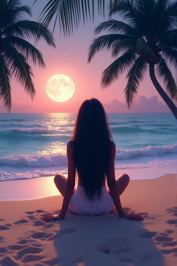 Create a black PNG girl sitting bestde the beach with her long black hair that fell into the sea. It was during dawn with full moon. She sat beside coconut trees