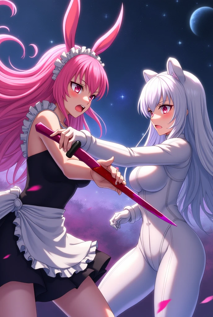 Anime girl, pink hair, pink bunny ears, pink eyes and pink fight with a pink sword and angry, all covered in blood, maid outfit with big busts, fighting with an anime girl with white hair, sky blue eyes, white bear ears, and in a white elegant suit and they fight throughout the galaxy