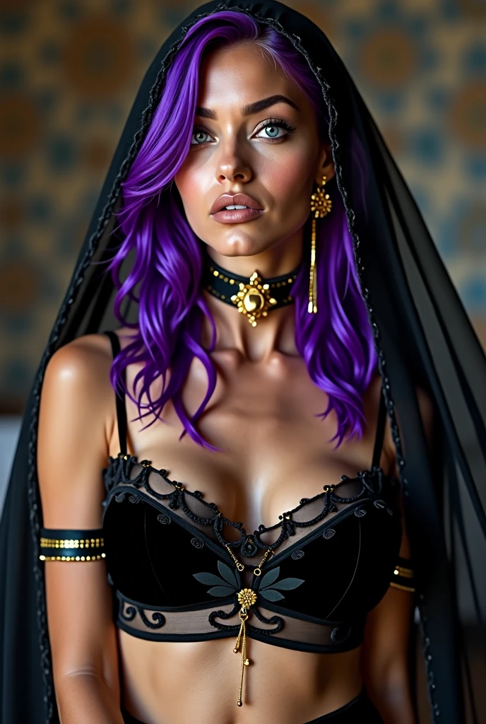 Bright purple hair,blue colored eyes,long hair,eyes half closed,nude belly,へそ,ferronnières,black veil,black slave top,sheer black velvet hip scarf, Golden neck bracelet,gold earrings, breasts a little too big