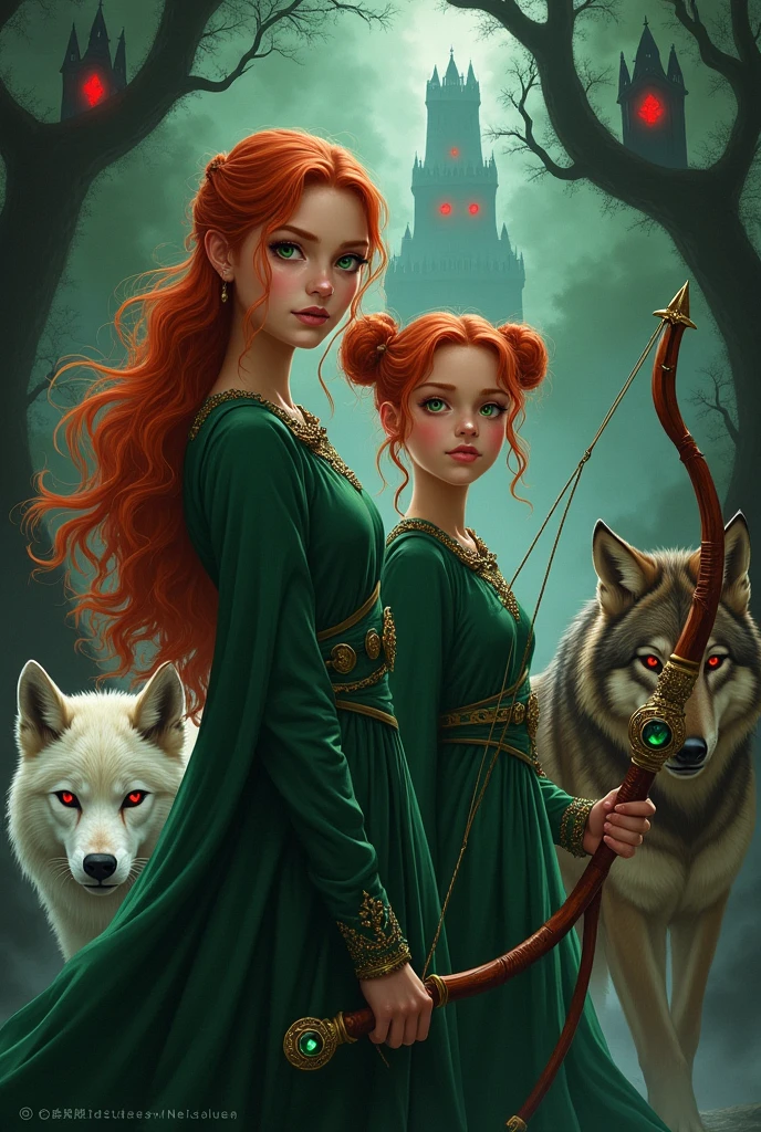 Fantasy book cover. Two witch sisters who are not twins, both redheads and green eyes; one carries a bow and arrow studded with rubies and her hair is completely loose and the other carries a staff with an emerald on the tip and her hair is tied in two buns. Two Wolves, one with white fur and red eyes and another with brown fur and black eyes protect them from the group of vampires hiding behind the trees in the background of the image, so that only the red pairs of eyes are visible