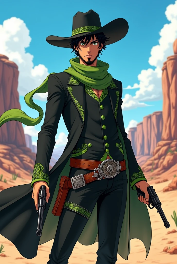 An anime character: a man with dark skin, black hair and green eyes, He is also sporting a short beard.
He wears a black cowboy outfit with green details, including a hat and a long, black scarf, holding a colt in each hand.
Ao fundo, a desert of the old Wild West.