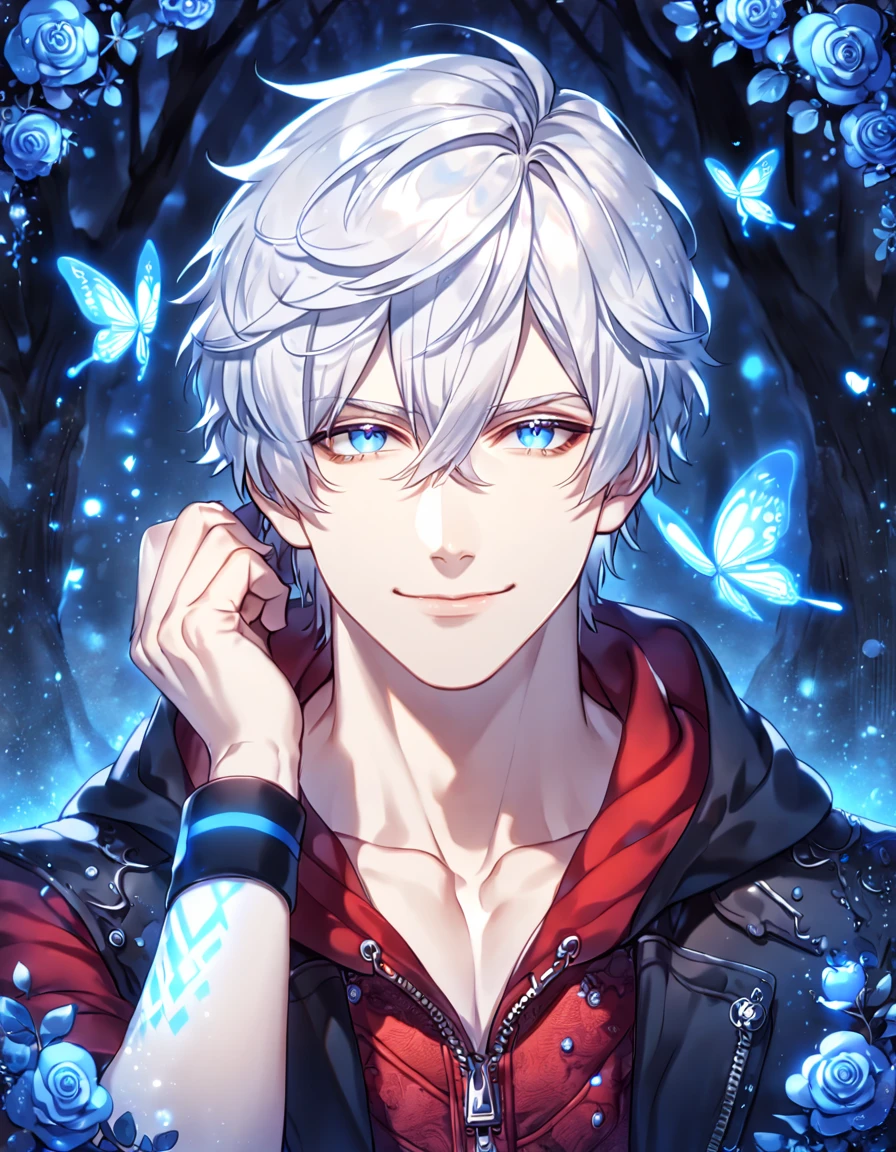 absurdres, highres, ultra detailed, HDR, master piece, best quality, extremely detailed, detailed face, Nero, medium length white hair, hair between the eyes, expressive blue eyes, Devil May Cry, solo, sexy man, handsome, smile, manly man, black coat, hooded red vest, black wrist band, magical, fantasy, under a blue tree, blue flames, blue moon, blue fireflies, blue roses, blue butterflies, glass magic