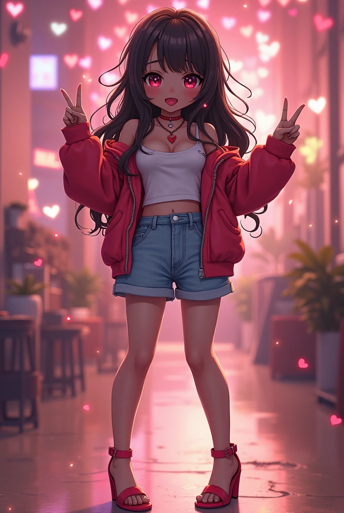cute anime character girl, hot sister, sticking tongue out, showing peace sign, messy wavy long hair, brown skin, choker with heart pendant, high heels, wearing loose baggy hip-hop fashion, attractive and seductive face, slutty, orgasm, make-up, superlative body proportion, indoors, heart effects, 2.5D, delicate and dynamic, graphic CG digital art