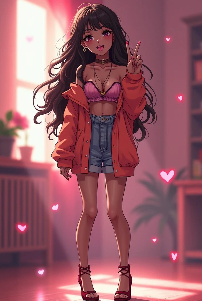 cute anime character girl, hot sister, sticking tongue out, showing peace sign, messy wavy long hair, brown skin, choker with heart pendant, high heels, wearing loose baggy hip-hop fashion, attractive and seductive face, slutty, orgasm, make-up, superlative body proportion, indoors, heart effects, 2.5D, delicate and dynamic, graphic CG digital art