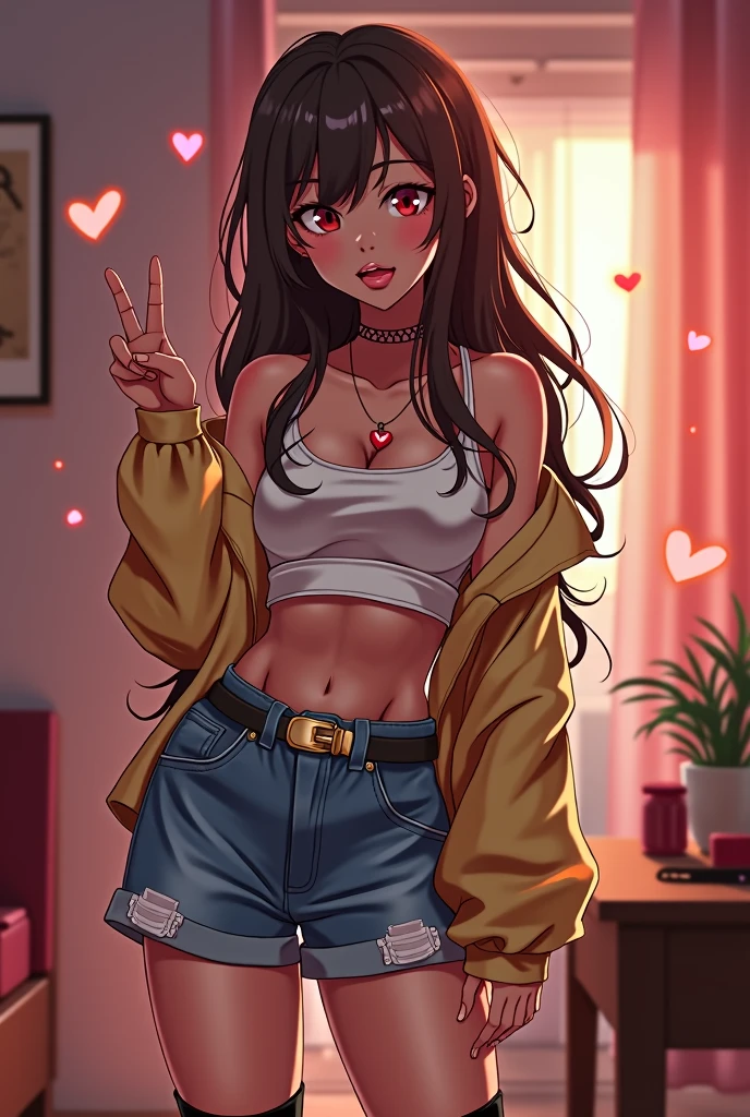 cute anime character girl, hot sister, sticking tongue out, showing peace sign, messy wavy long hair, brown skin, choker with heart pendant, high heels, wearing loose baggy hip-hop fashion, attractive and seductive face, slutty, orgasm, make-up, superlative body proportion, indoors, heart effects, 2.5D, delicate and dynamic, graphic CG digital art