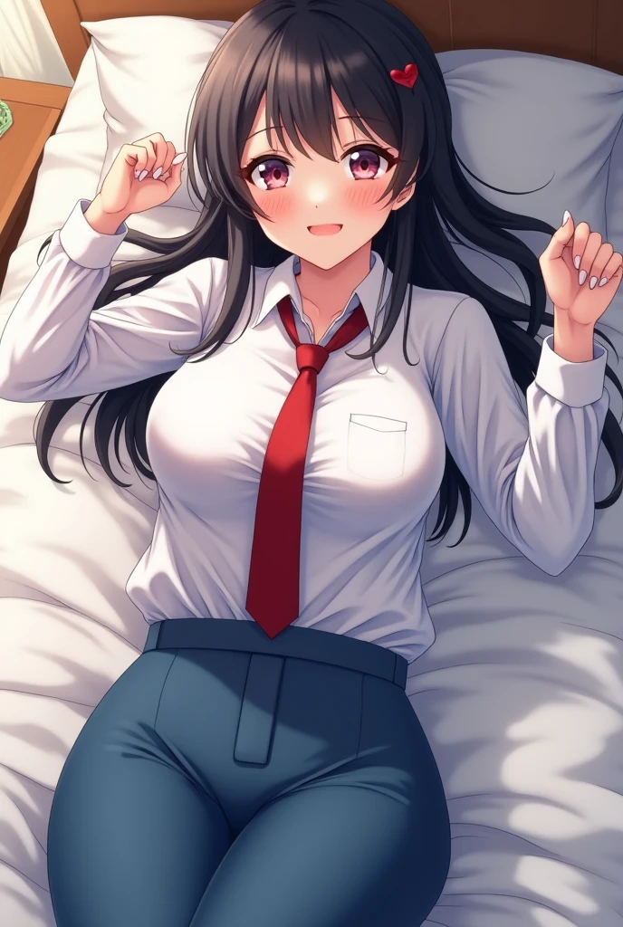 Anime Japanese woman White shirt transparent with sweat Blue tight slacks showing the shape of her genitals Red tie Nipples visible On bed Big breasts Big ass