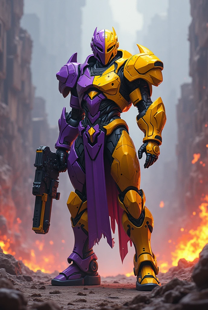 Boss Character, robust armor, divided armor, left side in yellow and purple, elegant and fluid design, soft patterns, right side in colors reflecting boyfriend’s interests, functional and robust, practical lines and details, mask with a visor, display changing appearance and expressions, primary weapon is a projectile launcher, combines colors and shapes, secondary weapon is a shield or barrier device, attacks with energy bursts, varied colors, abilities include barrier creation and battlefield alteration, movement includes alternating posture, aggressive and defensive modes.