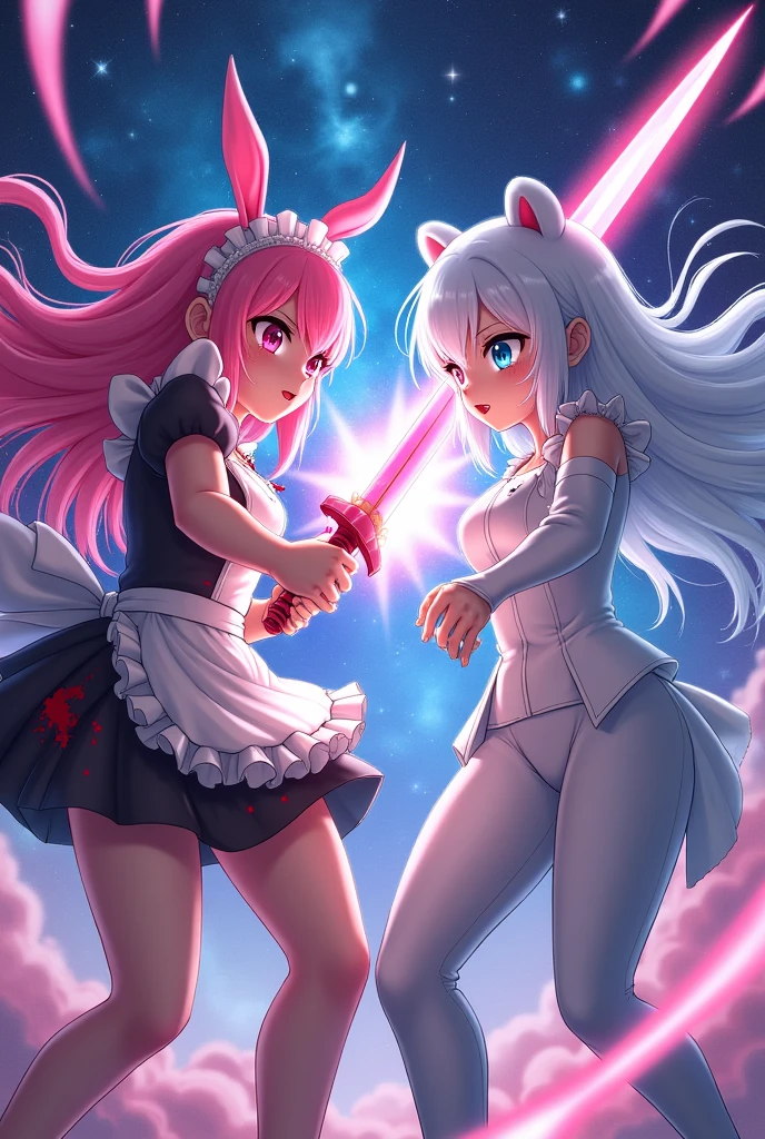 Anime girl, pink hair, pink bunny ears, pink eyes and pink fight with a pink sword and angry, all covered in blood, maid outfit with big busts, fighting with an anime girl with white hair, sky blue eyes, white bear ears, and in a white elegant suit and they fight throughout the galaxy