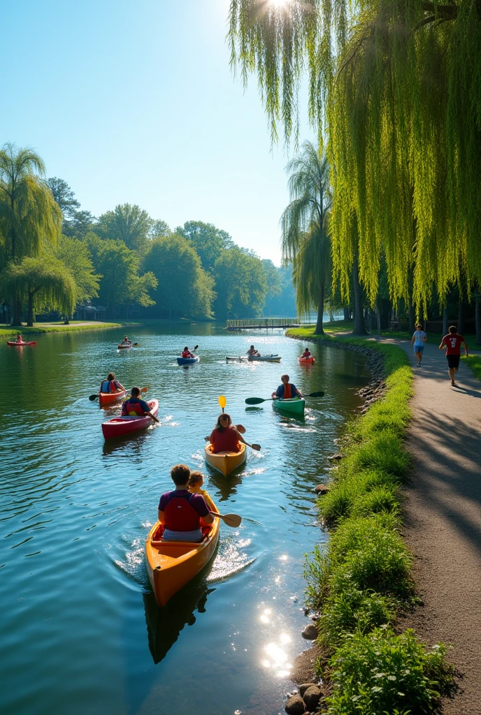 Draw me a picture of a lake and people in canoes and trees around it and a pedestrian path for them to exercise.