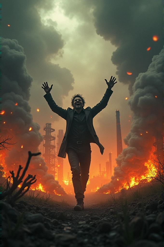 the world in chaos**
*Description*: A devastated landscape. Factories emitting black smoke into the sky, Workers cutting down trees and burning fuel. In the midst of chaos, POPS UP **Ignis**, with a mischievous smile, raising arms in triumph.
**Ignis:**
"LOOK WHAT THEY'VE DONE. More smoke, more heat! MORE POWER!"