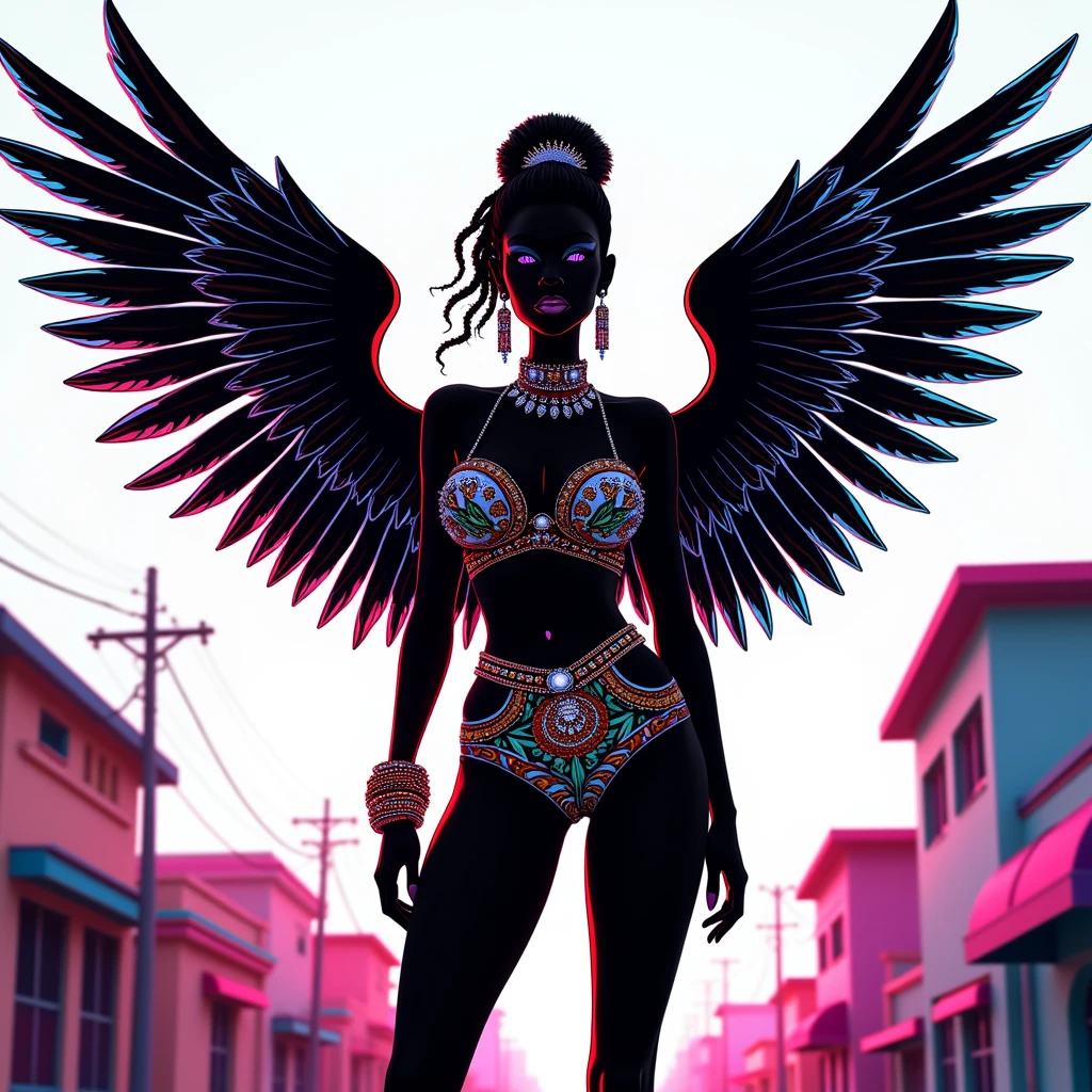 Black shadow of a woman with angel wings and outrageous clothes in a confident and sensual cartoon style, in Vice City GTA, White sky
