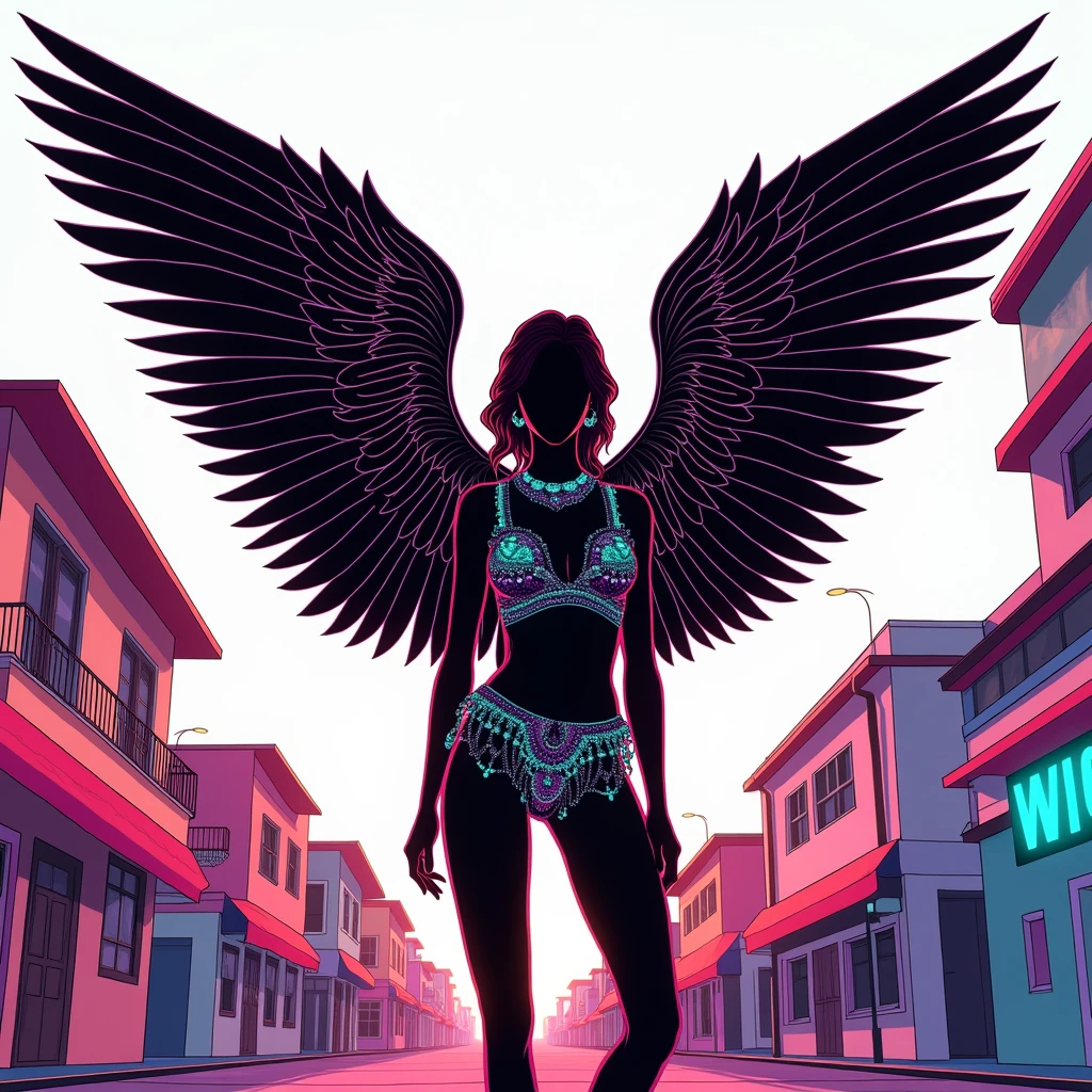 Black shadow of a woman with angel wings and outrageous clothes in a confident and sensual cartoon style, in Vice City GTA, White sky