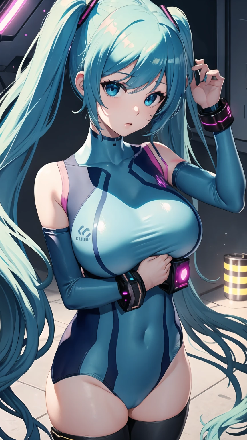 Hatsune Miku Vocaloid, Twin tails, Bright Blue Eyes, Light blue hair, tight, High cut swimsuit、cyber punk, Ultimate Physical Beauty, Beautiful Eyes, Big Breasts, 8k CG, Highest quality, Best image quality