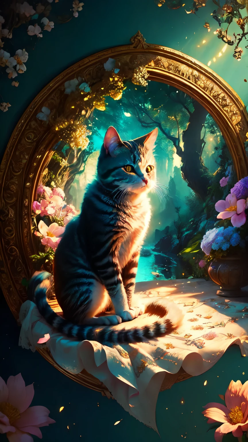 Sitting in a beautiful castle garden、Whimsical Floral Themed Cat. Cats are vibrant, Colorful fur with intricate floral patterns. On her head she wears a crystal tiara., Add elegance to your look. The castle is grand and imposing, It is surrounded by a plethora of flowers of all shapes and colors.. The garden is full of lush greenery, Create a calm and enchanting atmosphere. The lighting in the scene is dreamy and dynamic, Casting software, Golden rays shining on flowers and cat. This work、It is made using super cute digital art techniques., Combines detailed texture and shading. The overall quality of the images is top notch, With high resolution details and vibrant colors、Bring your scene to life. A masterpiece that captures the beauty and whimsy of flower cats in castle gardens..