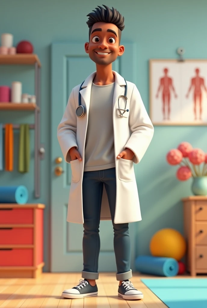 pixar 3d image of a beautiful young adult men with brown skin color with very short an straight hair, who is a physiotherapist and the background full of physiotherapy stuff.