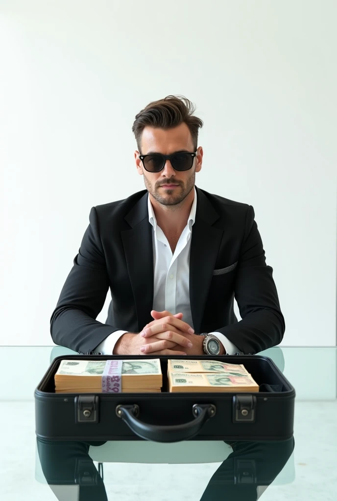 White male, approximately 30 years old,sitting at the table with 30 million reais inside a briefcase on the table, wearing a slim sports suit with sunglasses looking straight ahead,wearing a cap with BBS written on it,all white background image