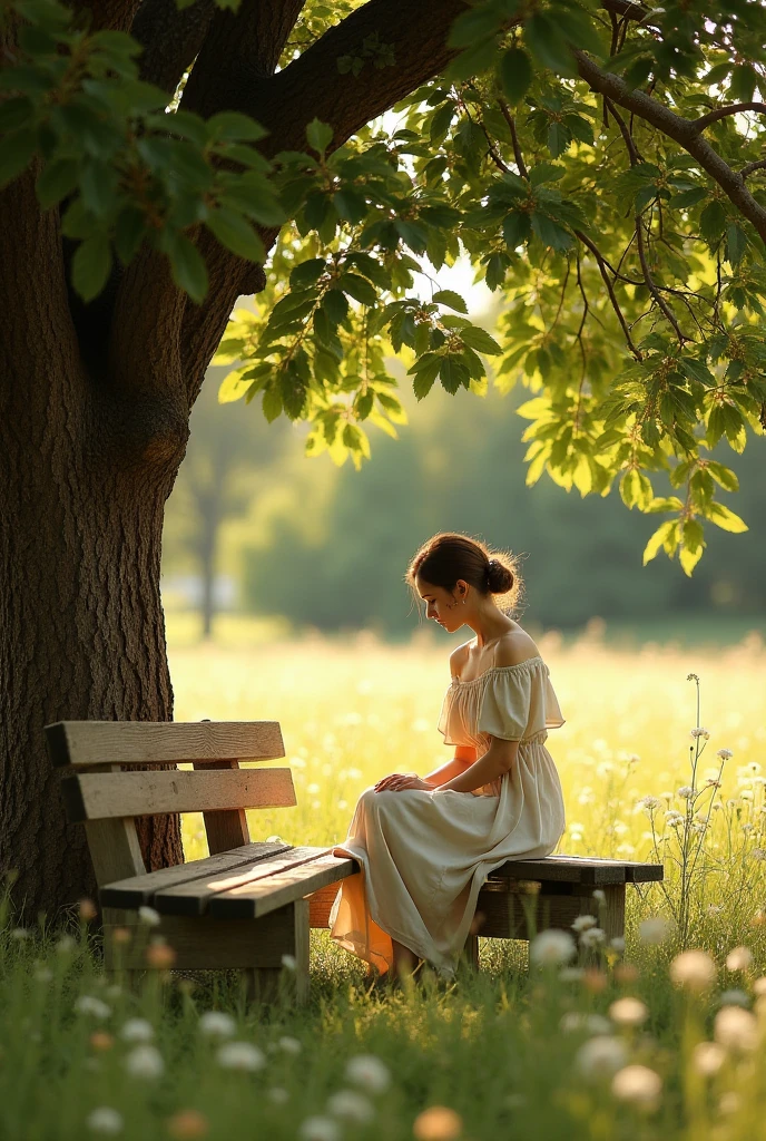 Image of two rustic wooden benches and a woman sitting on one of the benches looking down at the ground in thought under a tree in a field.