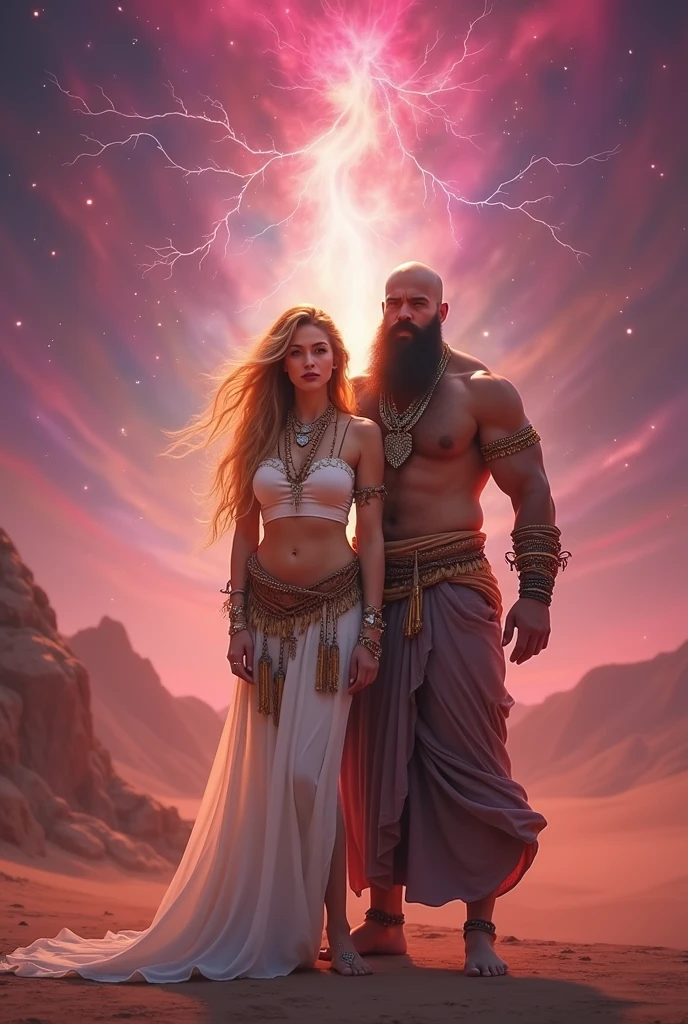 Male shaman and a female yogini, sacred rebels. He is muscular, broad, bald, bearded. She is blond, long haired, voluptuous, large breasts, fitness model, hourglass body, toned with abs, a lot of hippie style ethnic jewelry, scantily clad in tones of pink and white. Psychedelic picture of a very attractive couple, sparks flying, polarity, spiritual.