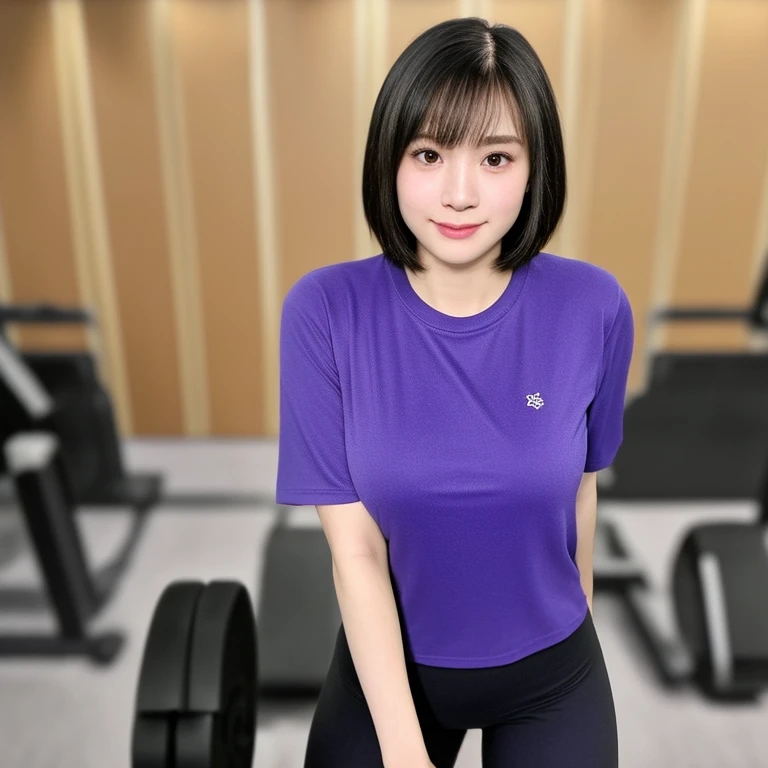 (kawaii 24 year-old Japanese girl, Nogizaka idol, Korean idol), healthy female athlete body, (glossy black hair, short hair, pixie cut, bangs:1.3), (rounded face, pure black eyes, single eyelid, no makeup, soft smile:1.2), (wearing training shirt, grey sports leggings:1.3), extra small breasts, well shaped hip, (slim waist, thigh gap:0.9), BREAK, (sports gym background:1.3), (looking at viewer, dynamic angle, close shot:1.2), BREAK, (masterpiece, best quality, photo realistic, official art:1.4), (UHD, 8K quality wallpaper, high resolution, raw photo, golden ratio:1.3), (shiny skin), professional lighting, physically based rendering, award winning, (highly detailed skin, extremely detailed face and eyes, anatomically correct body), Carl Zeiss 85 mm F/1.4, depth of field, 1girl, solo,