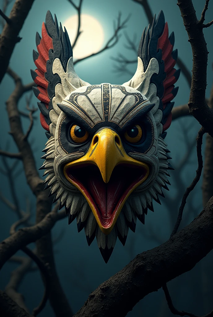 An eagle-designed mask, bones and death, with a scar on his eye, Use the colors White, red, black and yellow and for the design