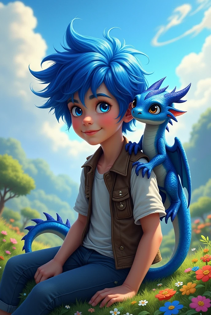 Boy with blue hair and blue dragon on him sholder