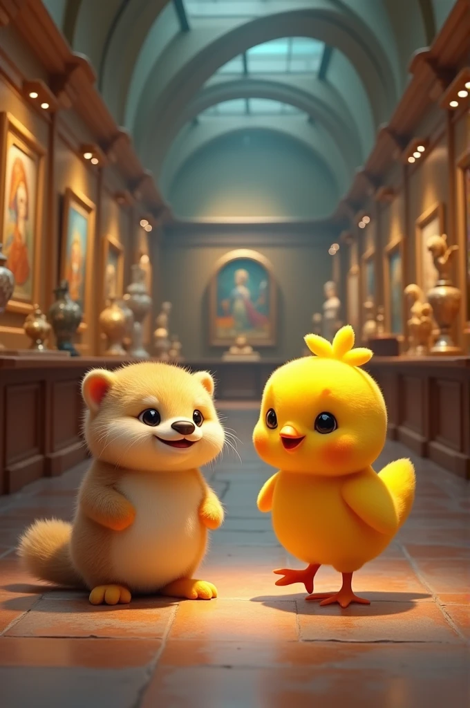 A chick and an otter in a museum and drawn as simple emojis