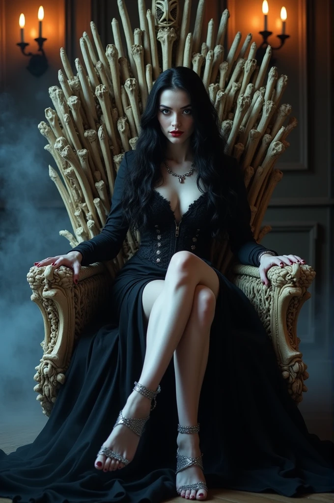 Sexy vampire woman sitting on a throne of bones showing her feet