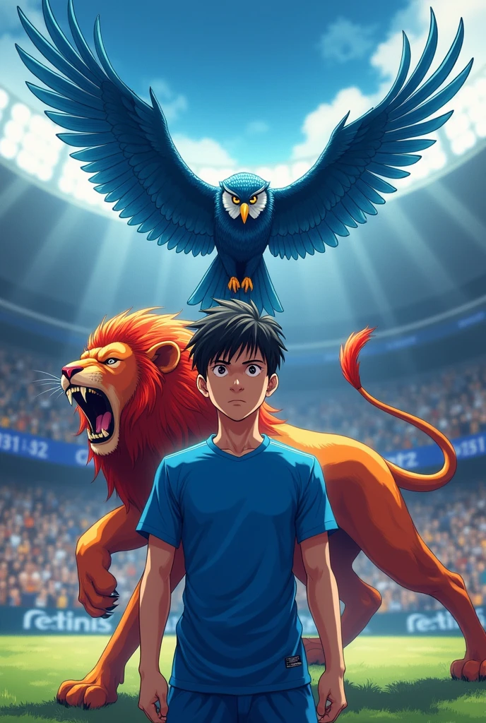 Create a 20-year-old man with his head down, with a full blue football shirt. Accompanied by an angry blue owl flying and a red lion roaring. The man who is in the center. All in anime format
